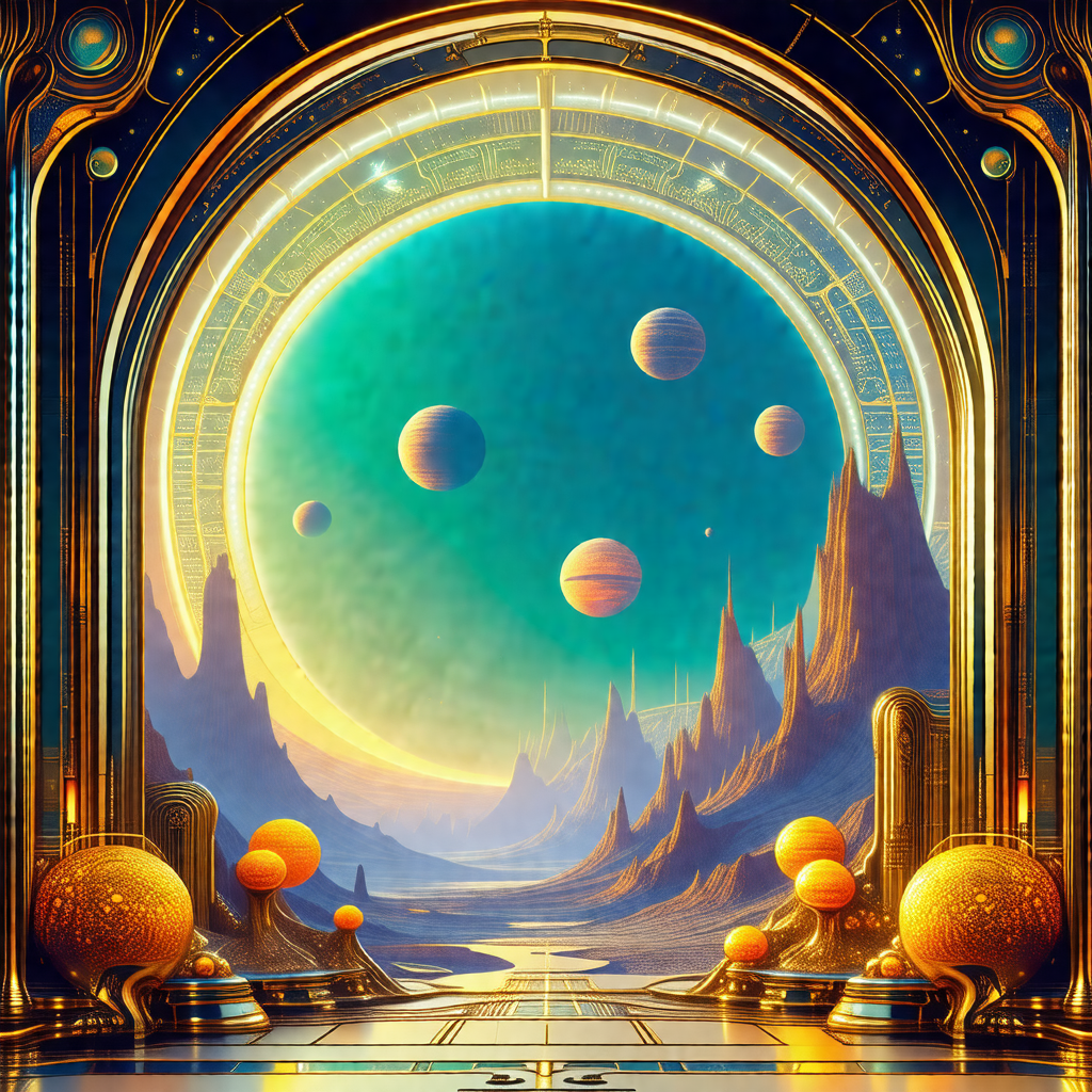 Painting of a futuristic scene with a large, round, blue ...