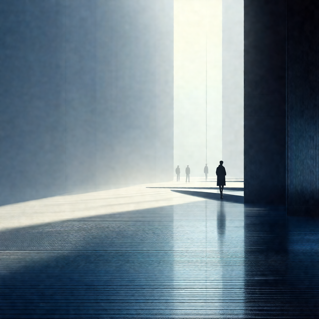 Black and white photograph of a man walking down a hallway
