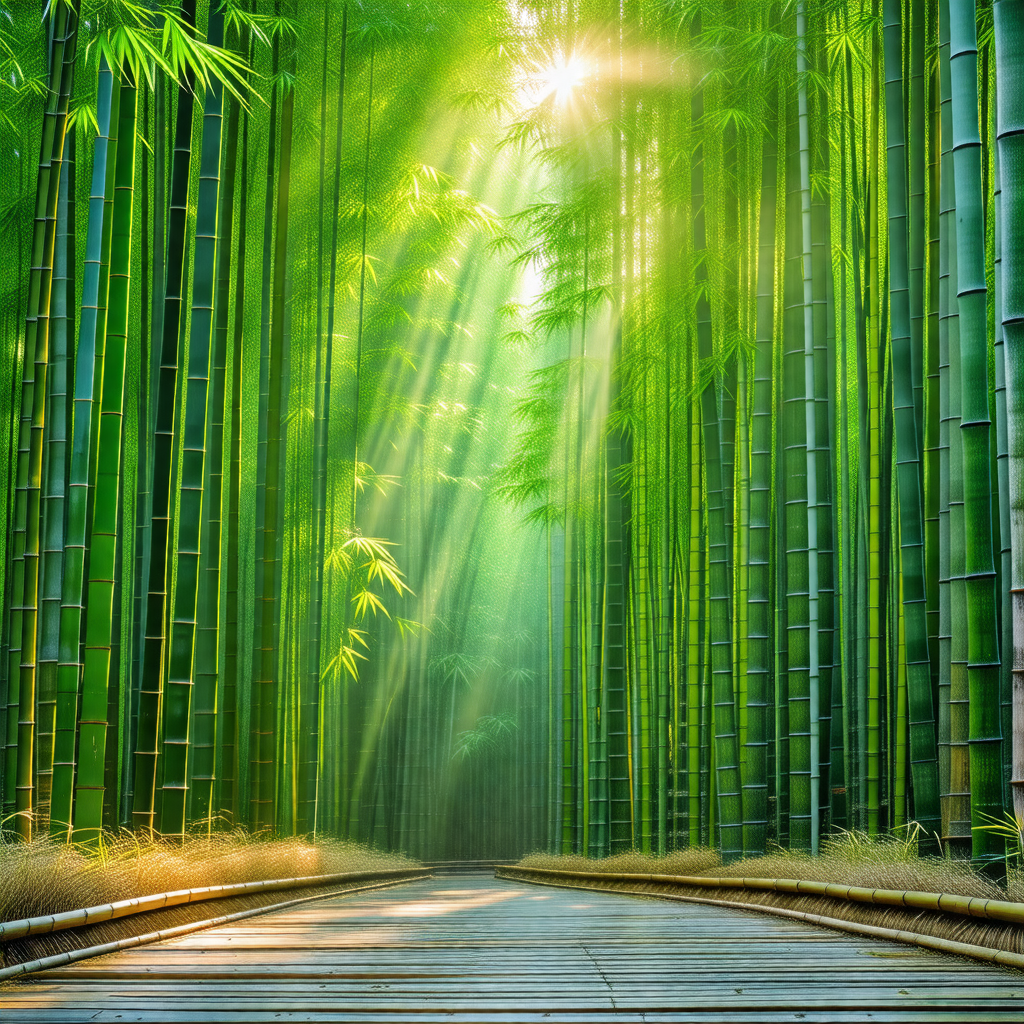 Pathway surrounded by a forest of tall, slender bamboo trees