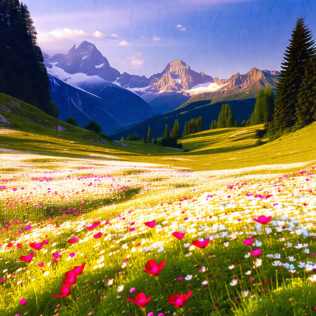 Beautiful, lush green field with a mountain range in the ...