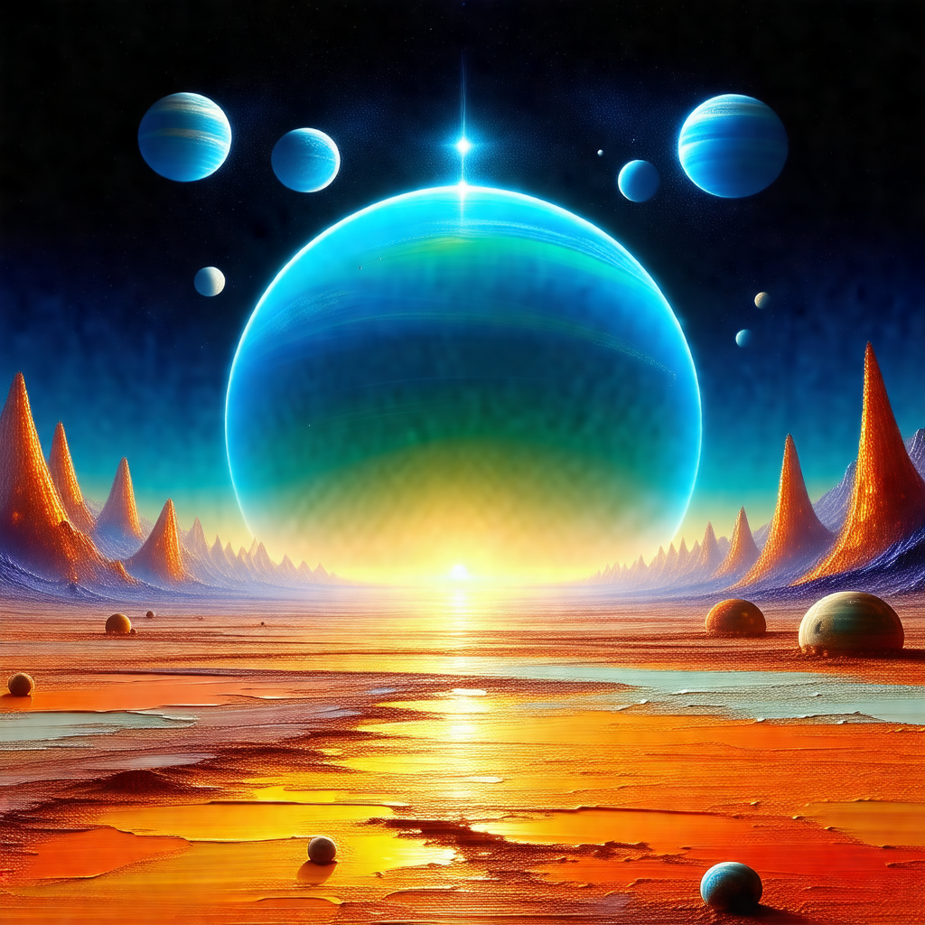 Painting of a futuristic scene with a large, blue, planet...