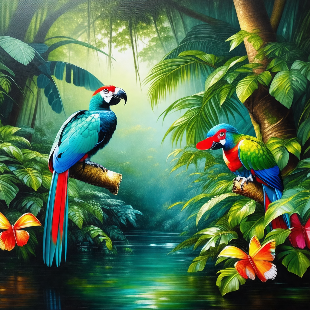 Lush green forest with two colorful parrots perched on tr...
