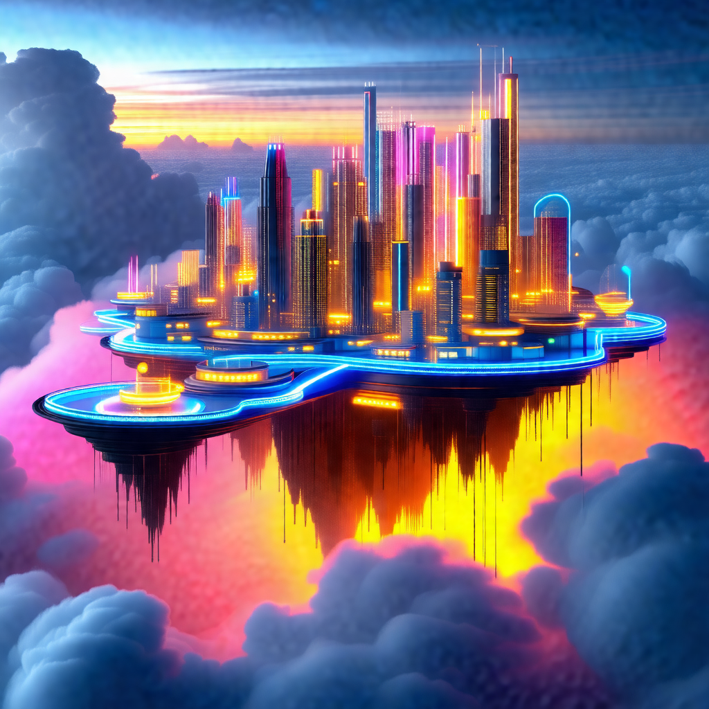 Futuristic cityscape with a large, illuminated building i...