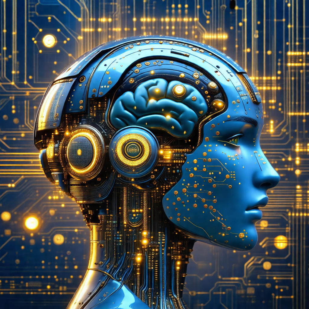 Futuristic robot with a blue head and a yellow brain