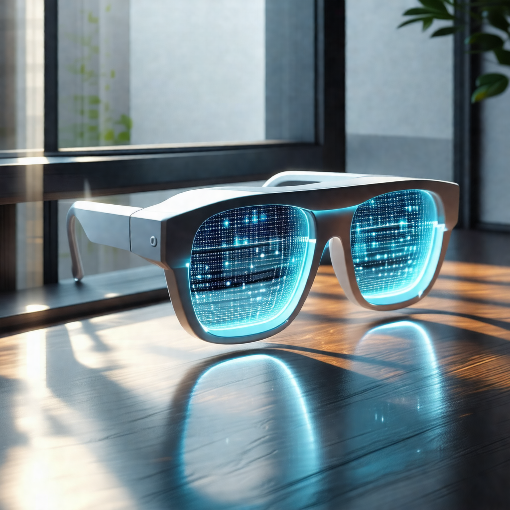 Pair of futuristic-looking sunglasses sitting on a wooden...