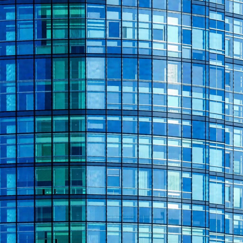 Tall, blue building with many windows