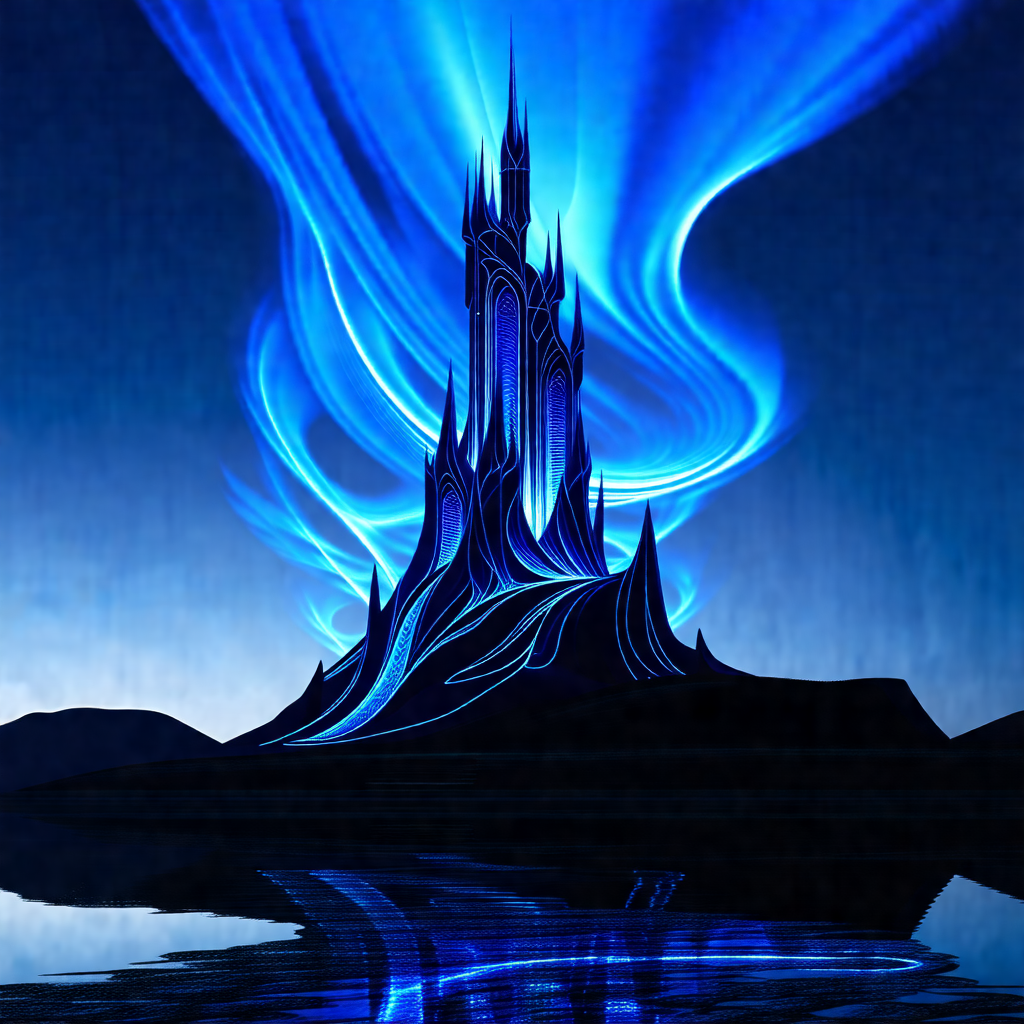 Large, blue, and purple castle with a tall tower
