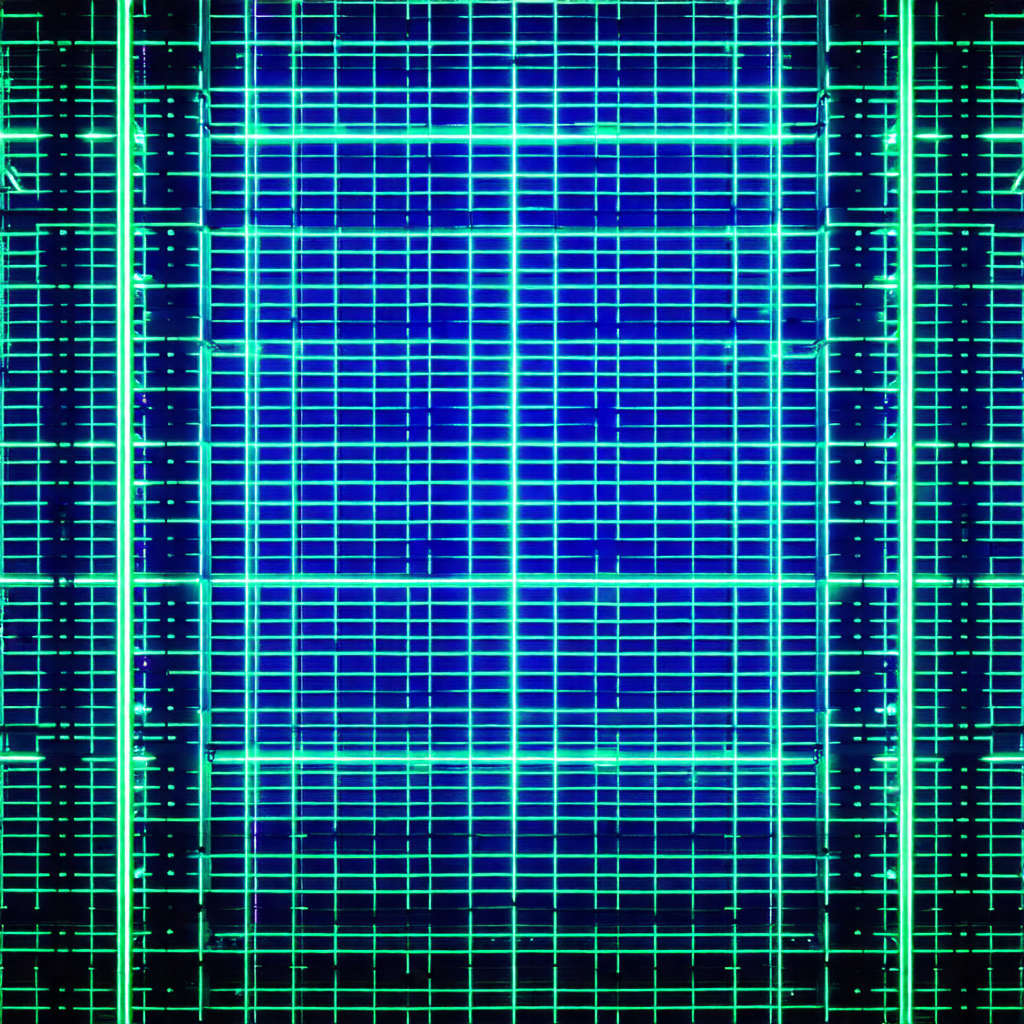 Close-up of a green screen with a pattern of blue squares
