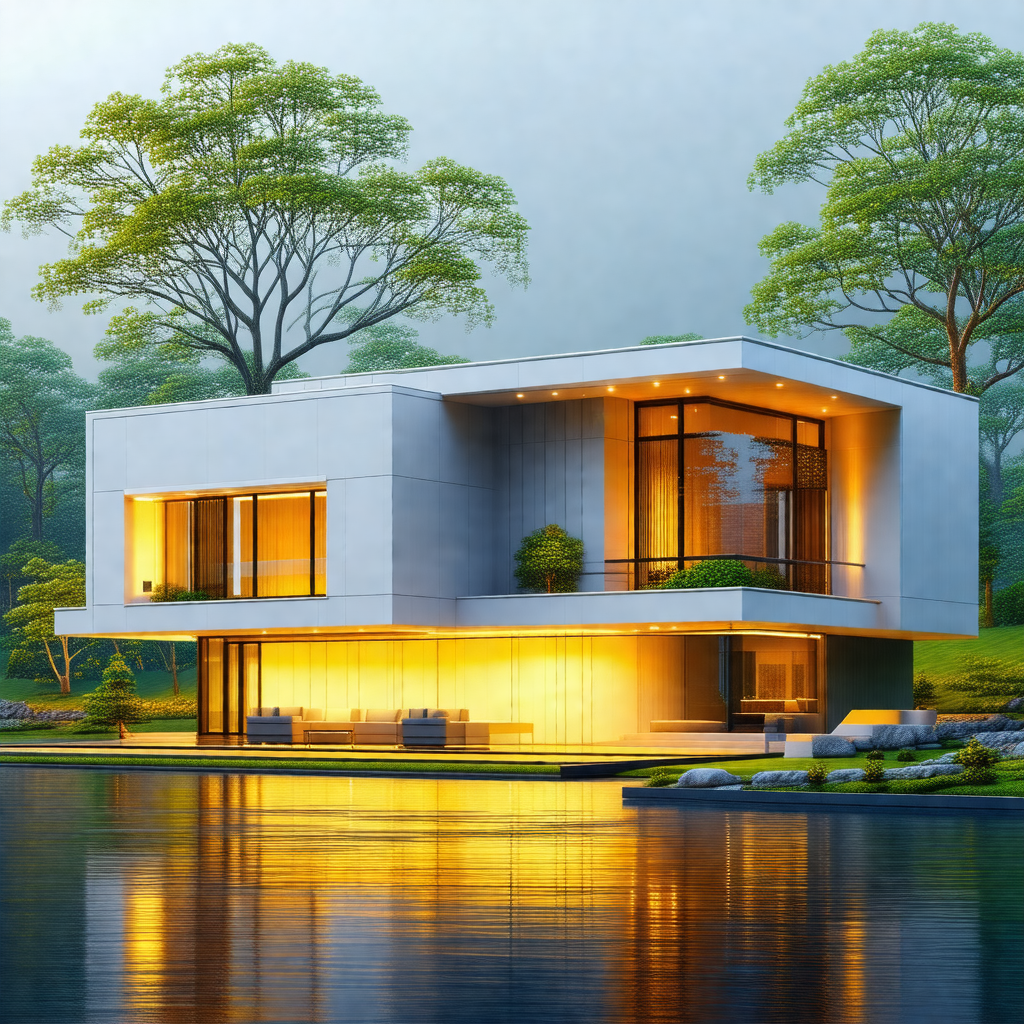 Large, modern-looking house situated on a lake