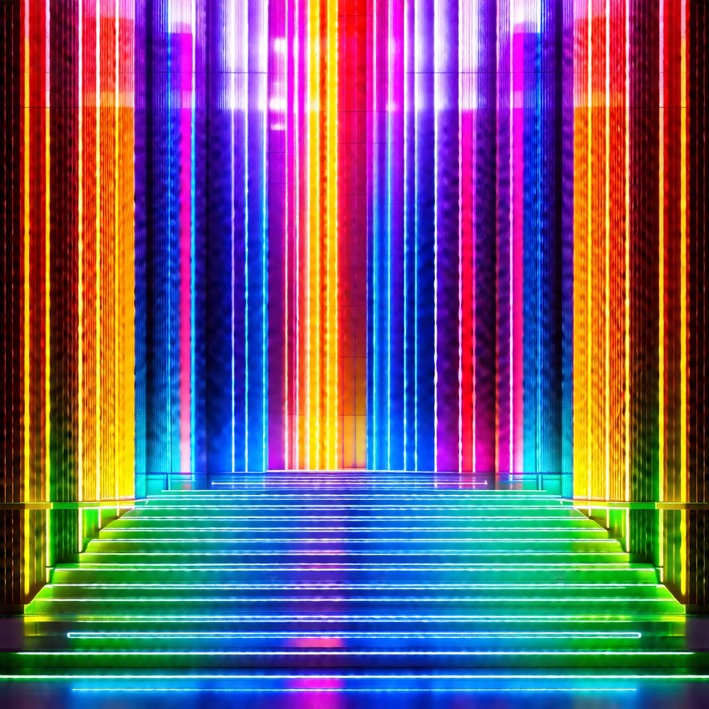 Staircase with a rainbow-colored lighting display