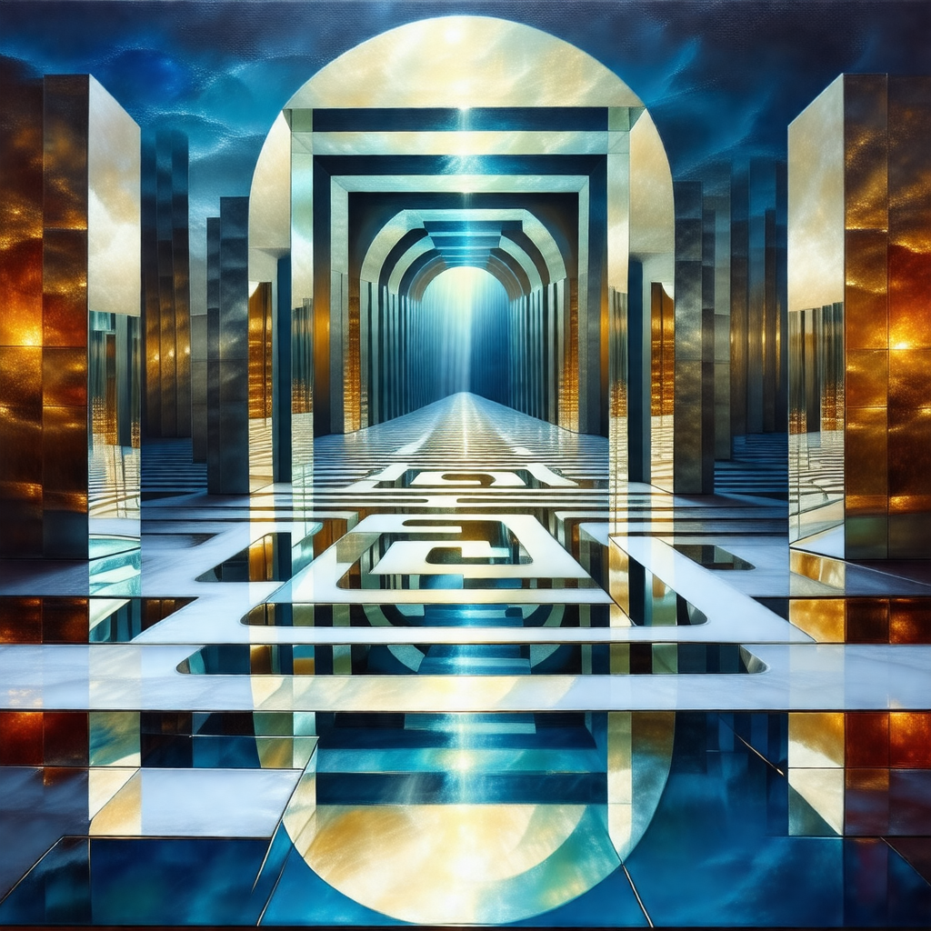 Painting of a hallway with a blue and gold color scheme