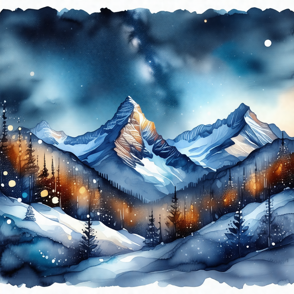 Watercolor painting of a snowy mountain range