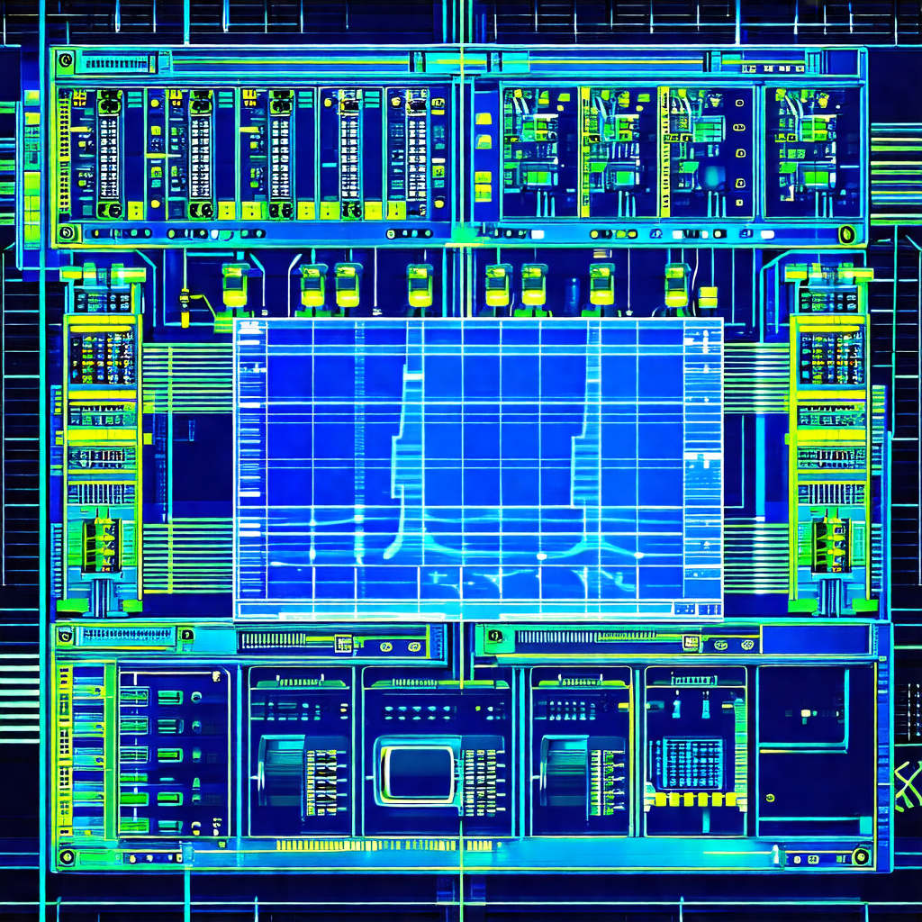 Blue and yellow computer circuit board with a lot of wire...