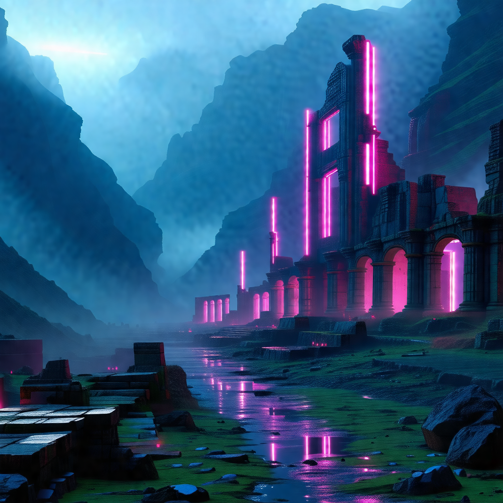 Beautiful, futuristic landscape with a large, pink struct...