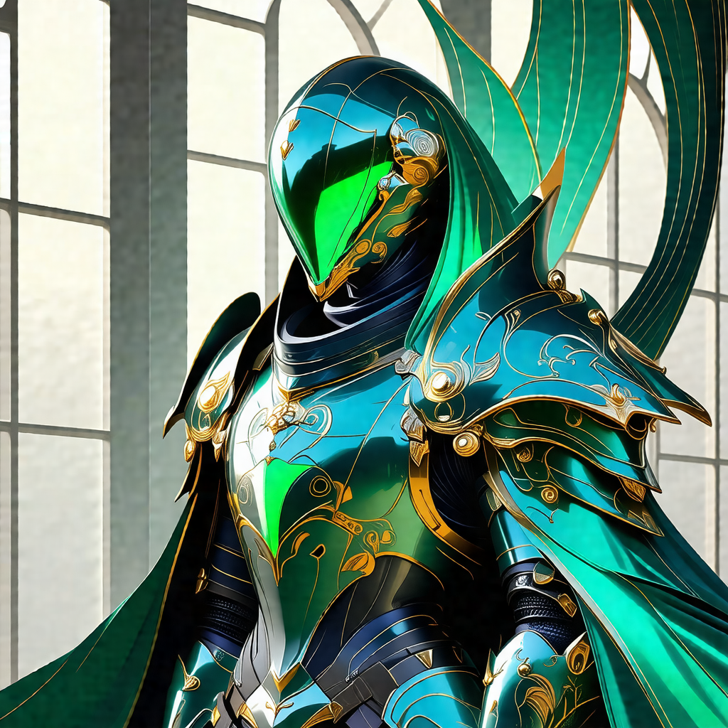 Person wearing a green and gold armor, standing in front ...