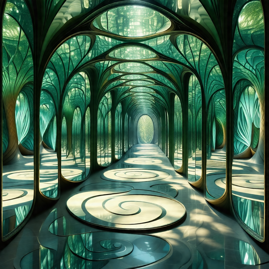 Long, narrow hallway with a series of mirrors on the walls