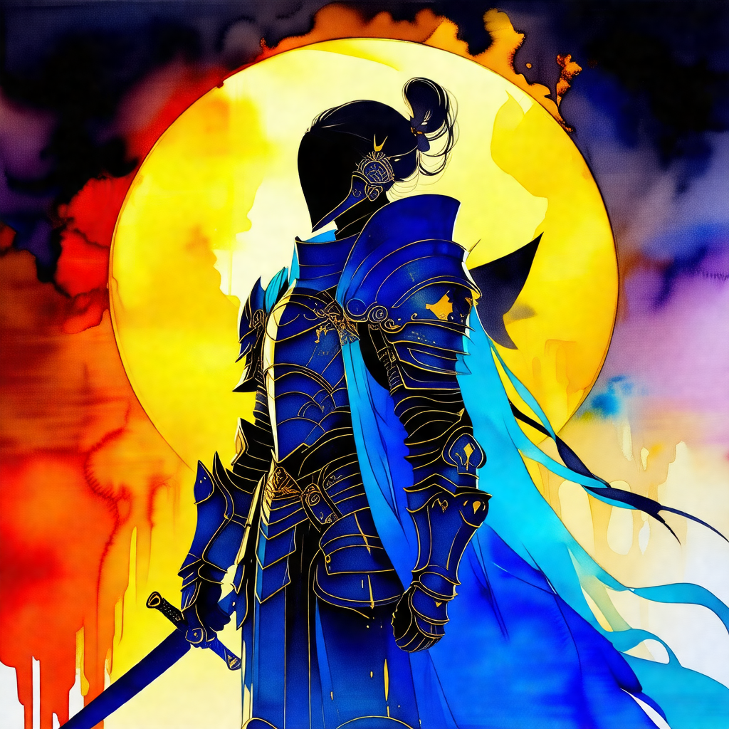Knight in a suit of armor, standing in front of a moon