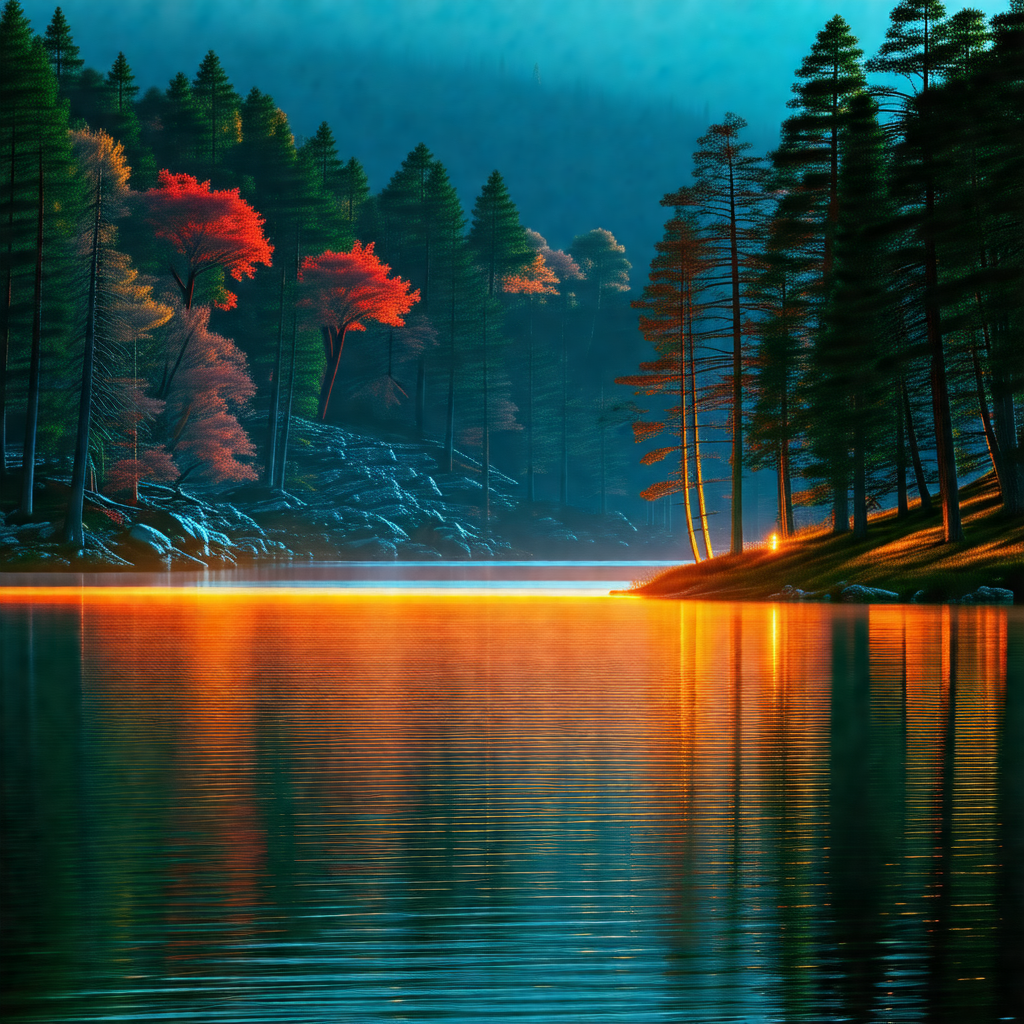 Serene scene of a lake at dusk, with the sun setting behi...