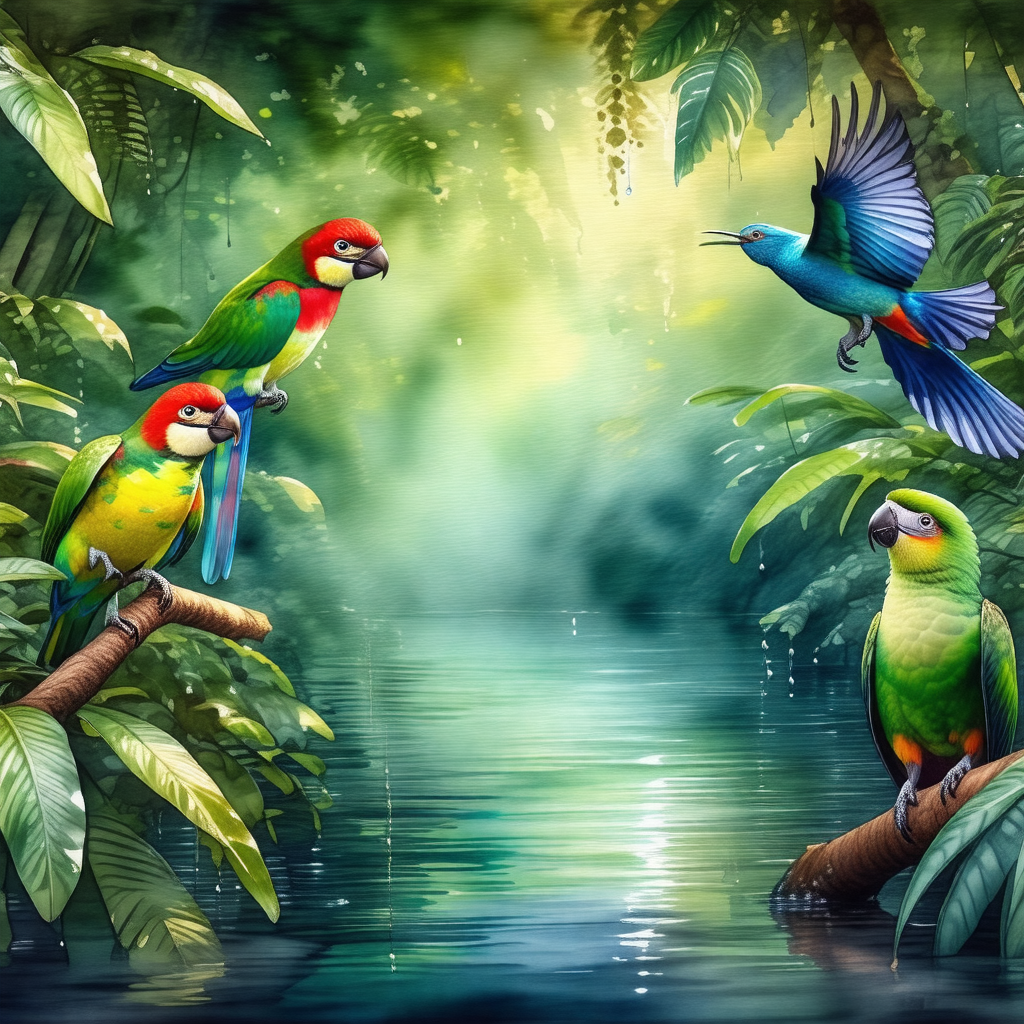 Lush green forest with a variety of birds perched on tree...