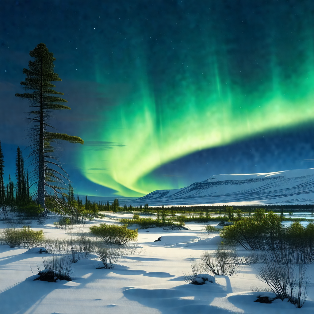Captures a beautiful night scene with a snow-covered land...