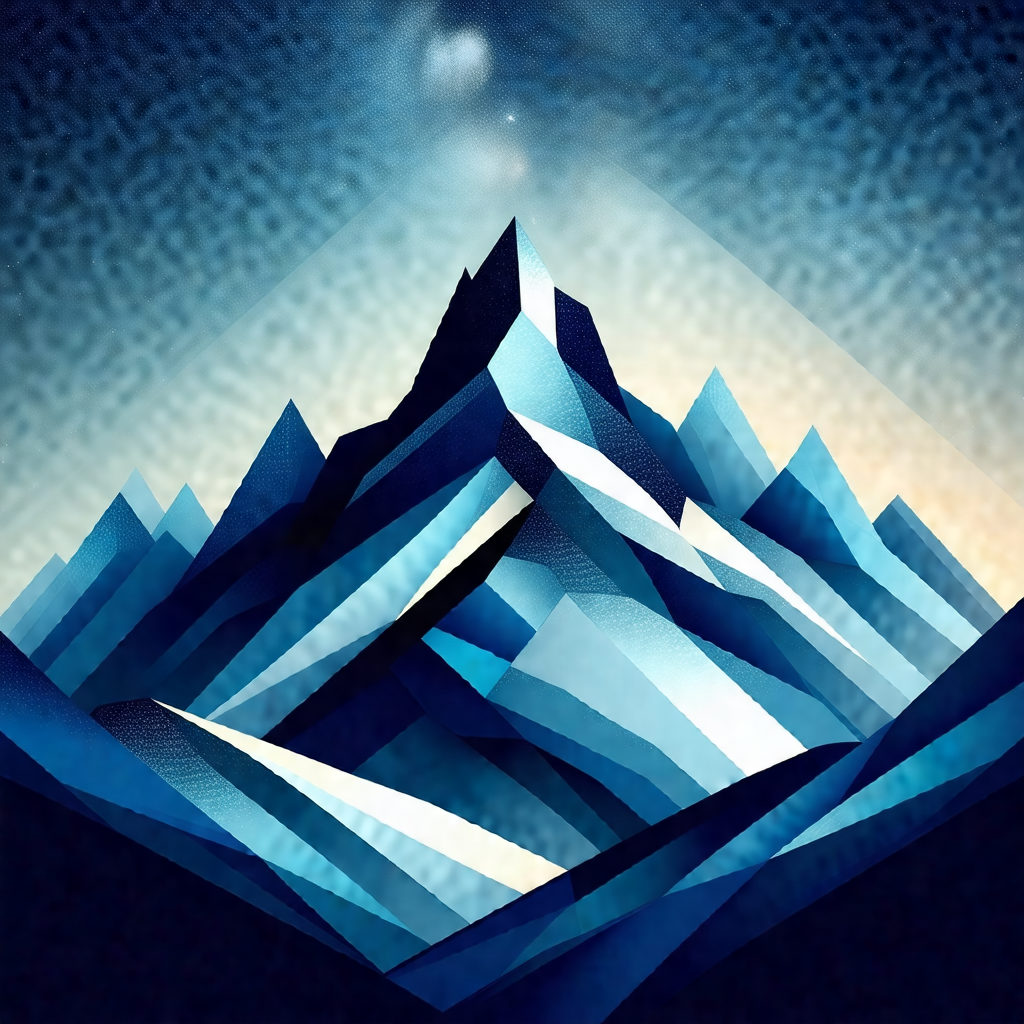Blue and white painting of a mountain