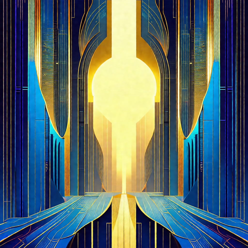 Futuristic painting of a city with a large, blue, and gol...