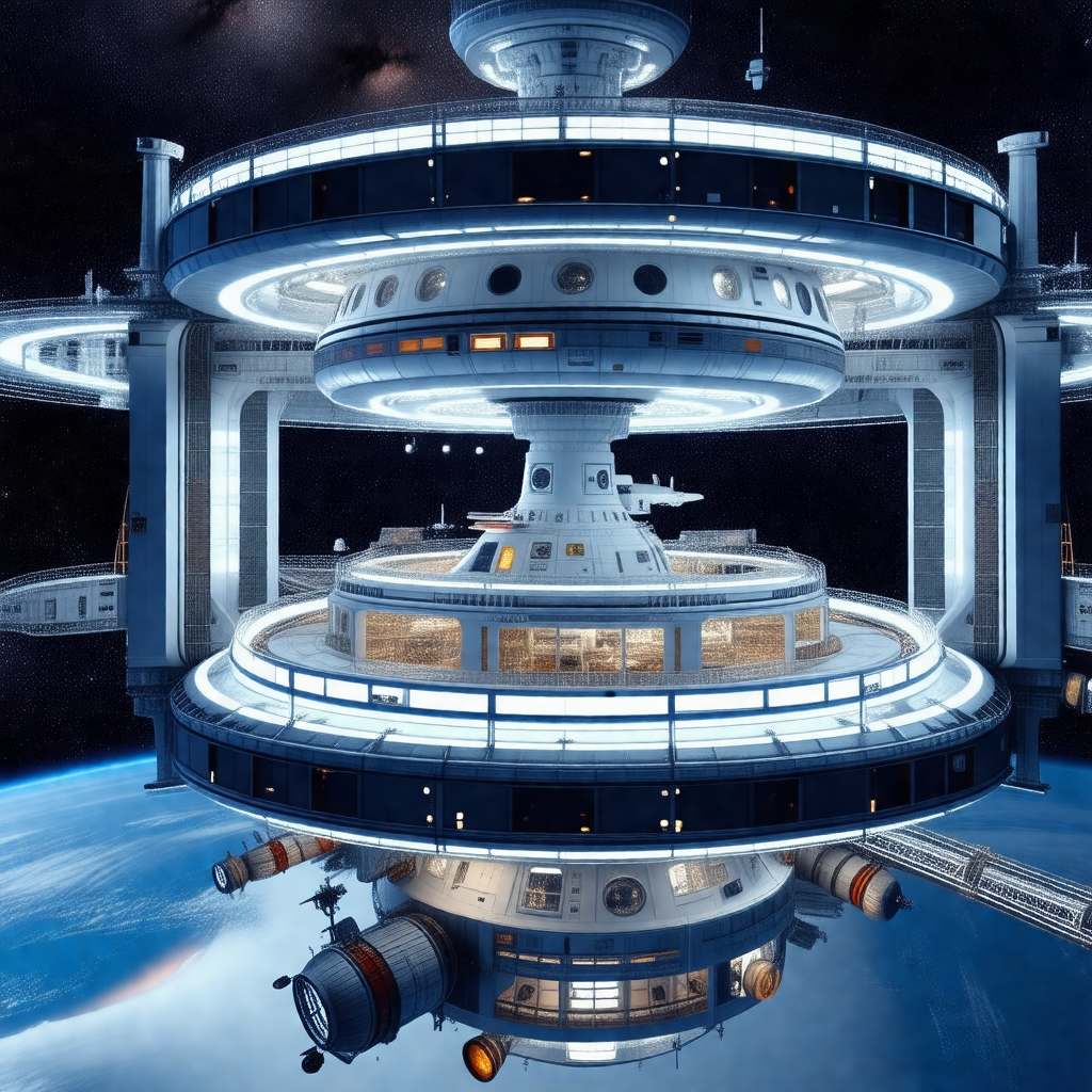 Futuristic space station with a large, circular structure...