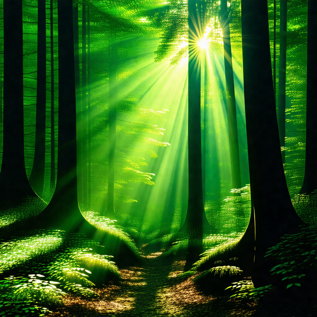 Lush green forest with a pathway leading through the trees