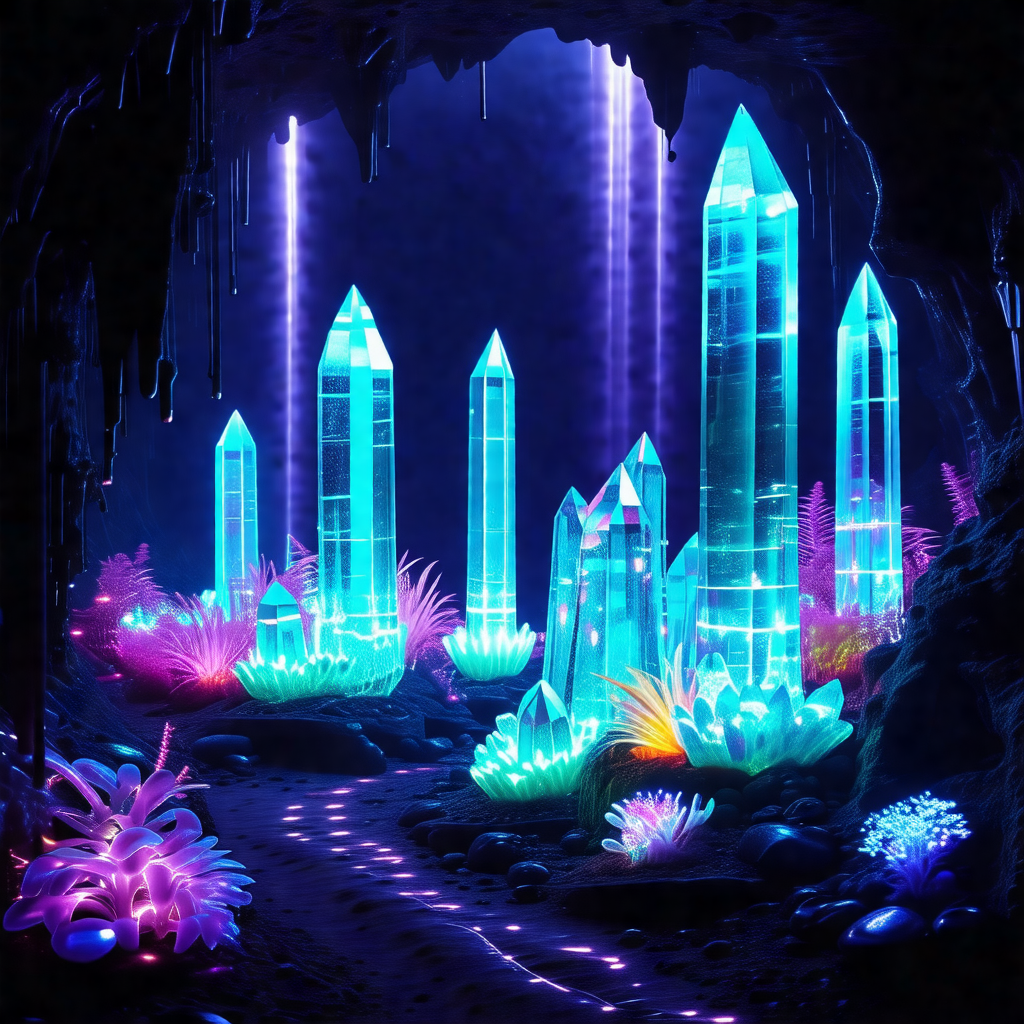 Cave with a group of blue crystals and purple flowers