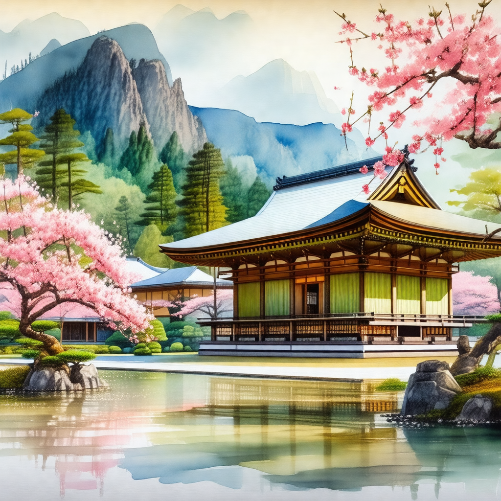 Beautiful japanese-style building with a pond in front of it
