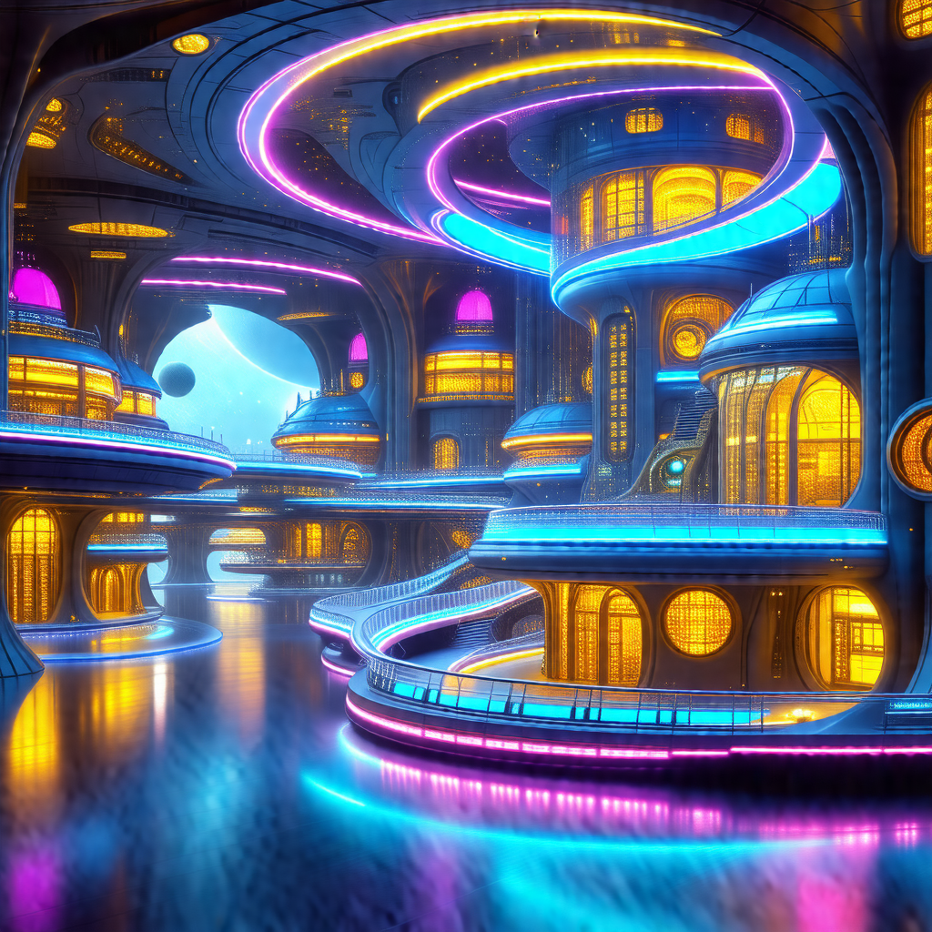 Futuristic cityscape with a large, colorful building in t...