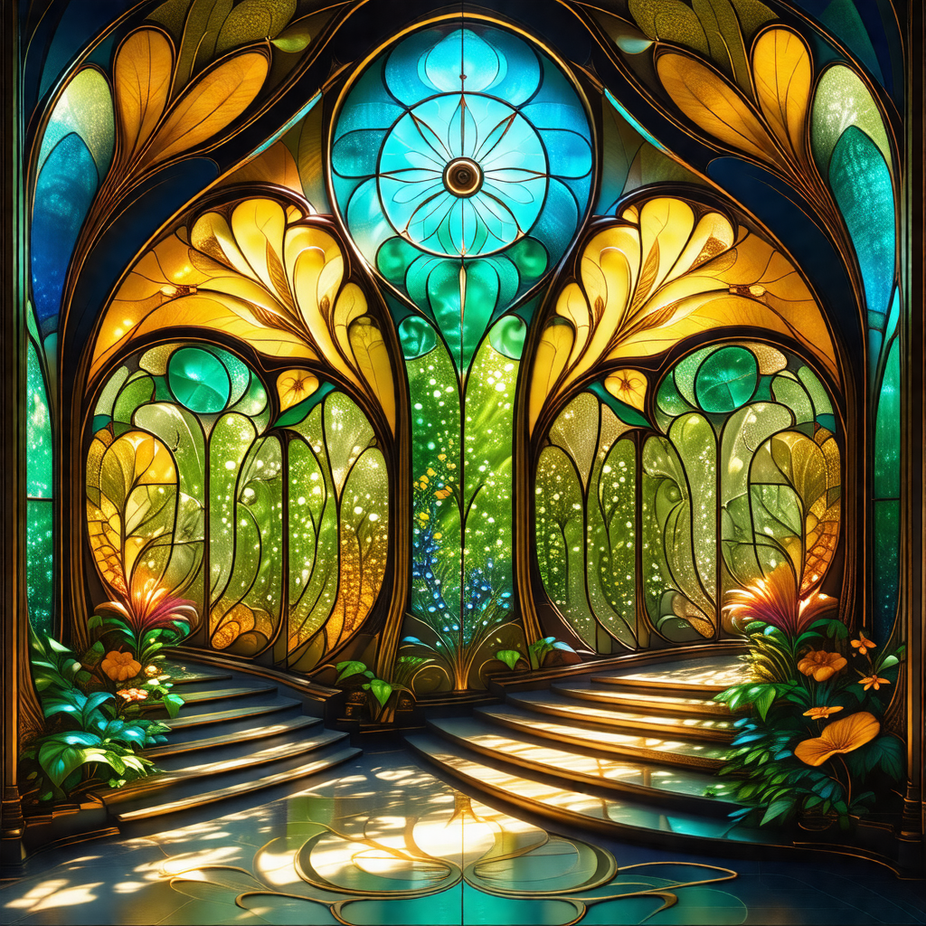 Beautiful stained glass window with a yellow and blue col...