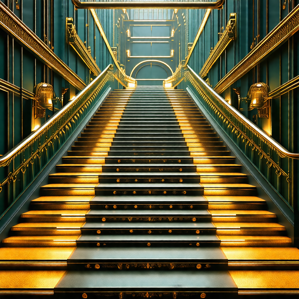 Staircase with a gold railing, leading to a doorway