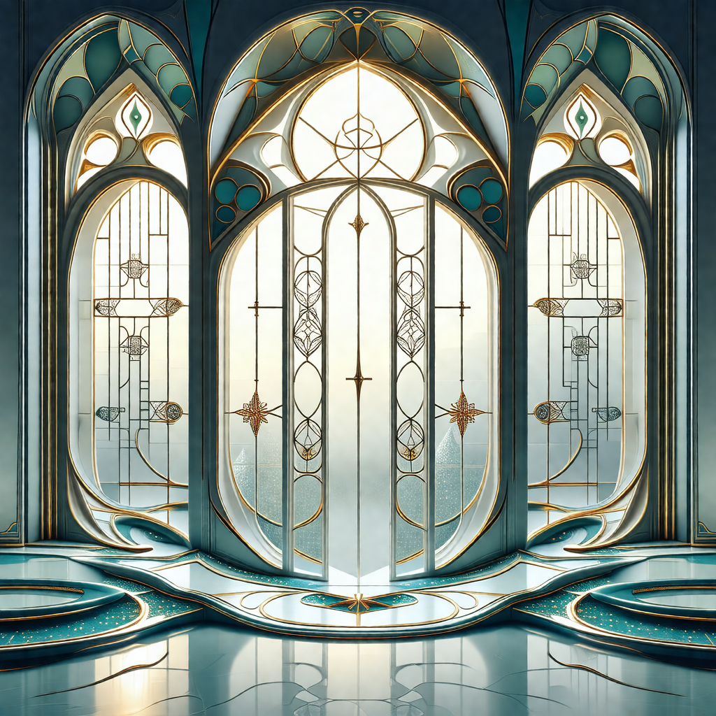 Large, ornate stained glass window with a blue and gold c...