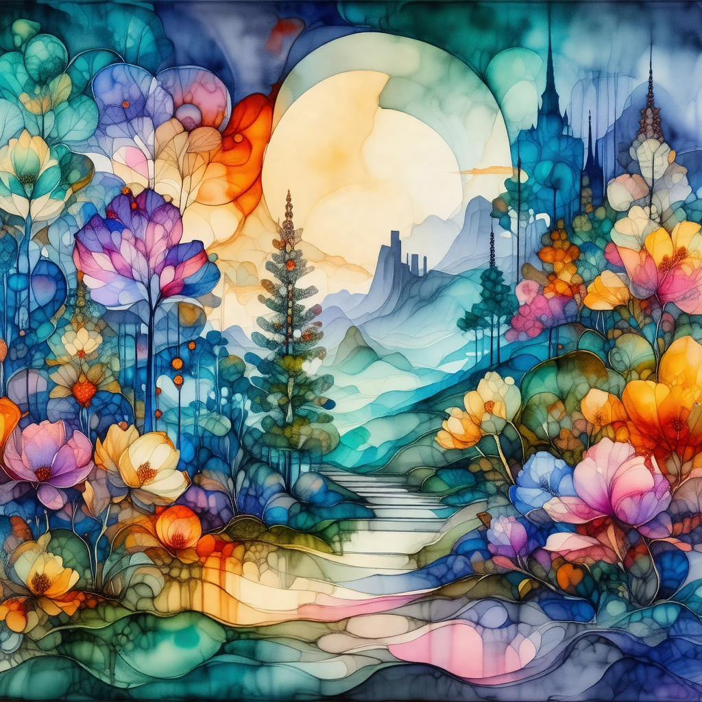 Colorful painting of a forest with a path leading through it