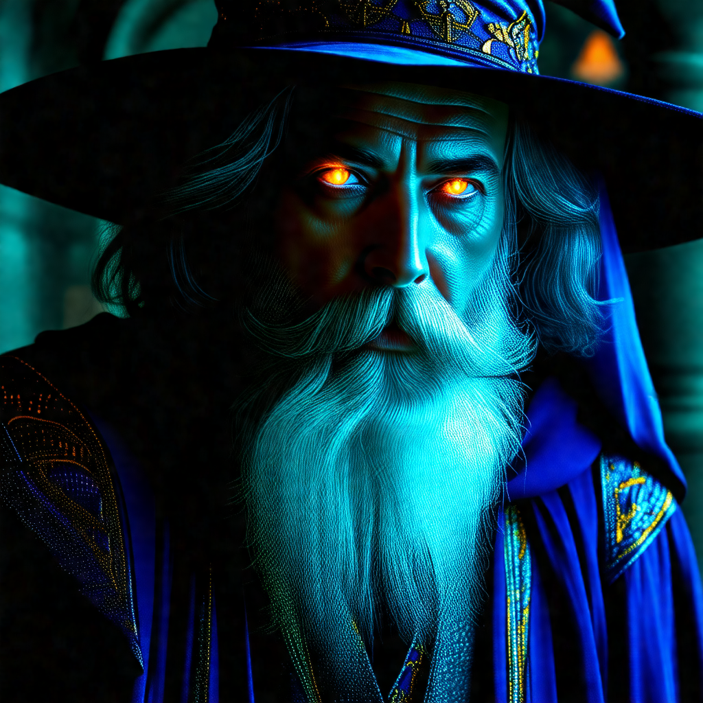 Man with a long beard and a blue hat, possibly a wizard o...