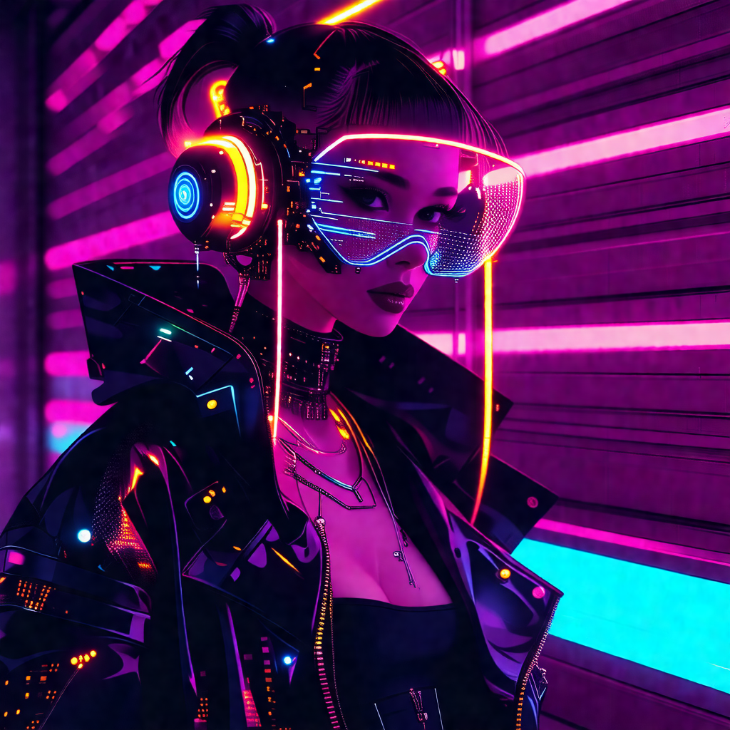 Woman wearing a futuristic outfit, including a black jack...