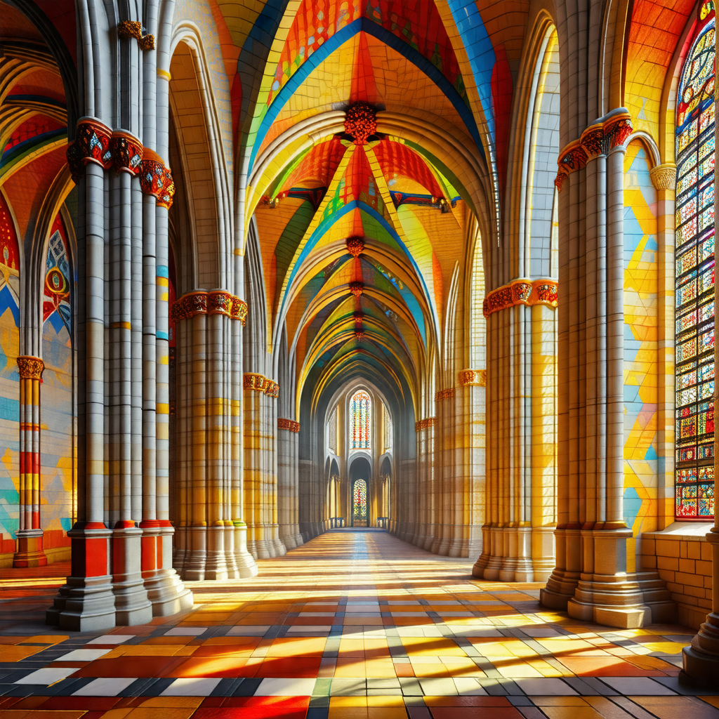 Large, ornate cathedral with a long, narrow hallway