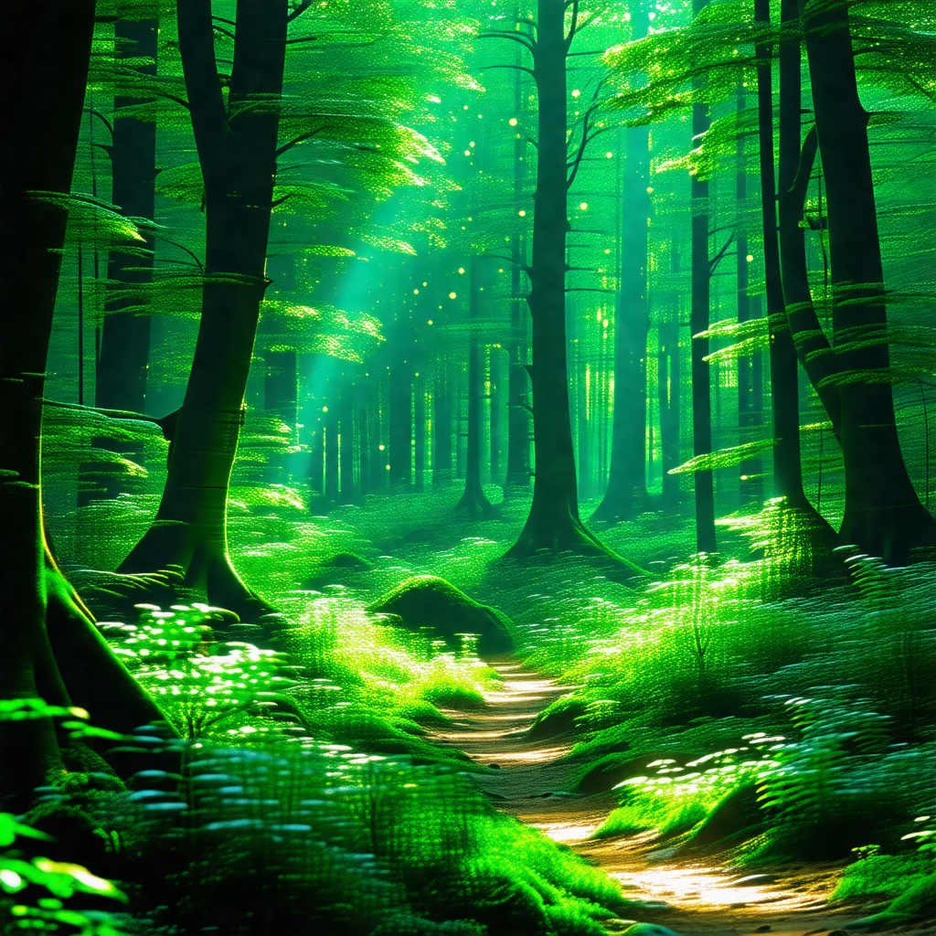 Lush green forest with a pathway leading through the trees