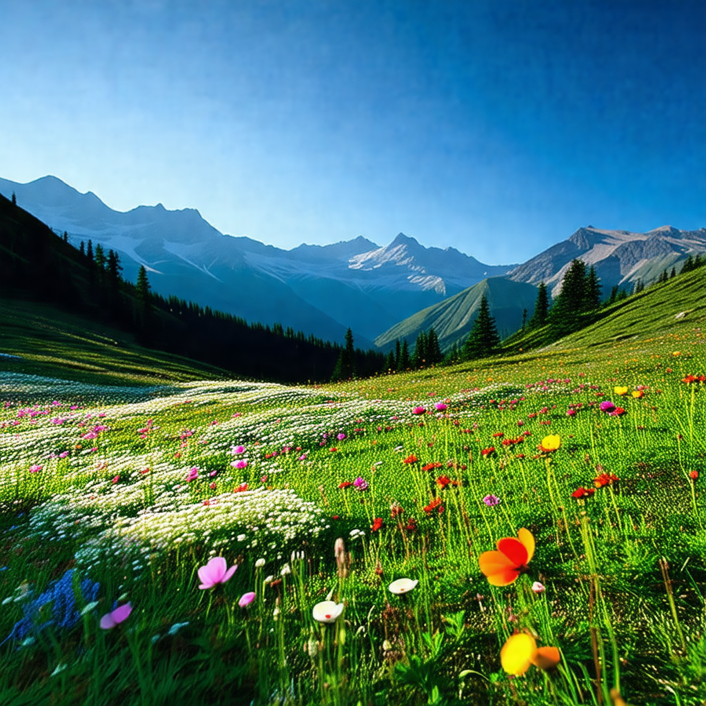 Beautiful, lush green field with a mountain range in the ...