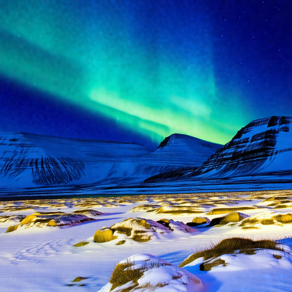 Captures a beautiful night scene with a mountain range in...