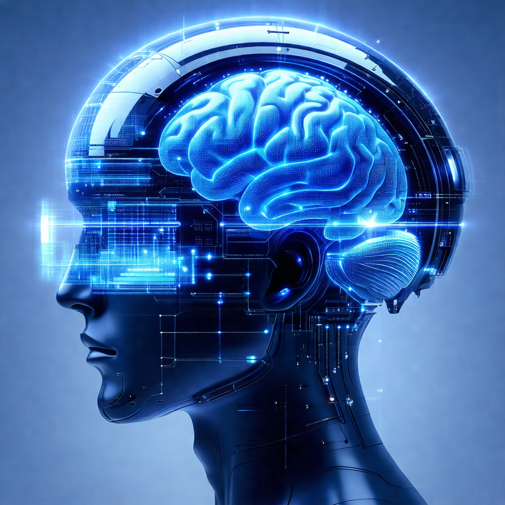 Close-up of a human head with a blue, futuristic, and dig...