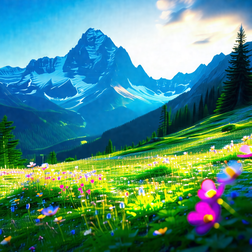 Beautiful mountain landscape with a lush green field and ...