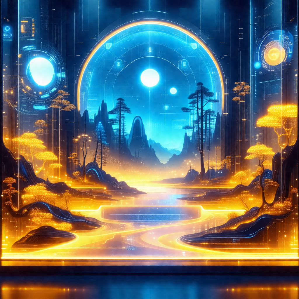 Digital painting of a futuristic landscape featuring a ri...