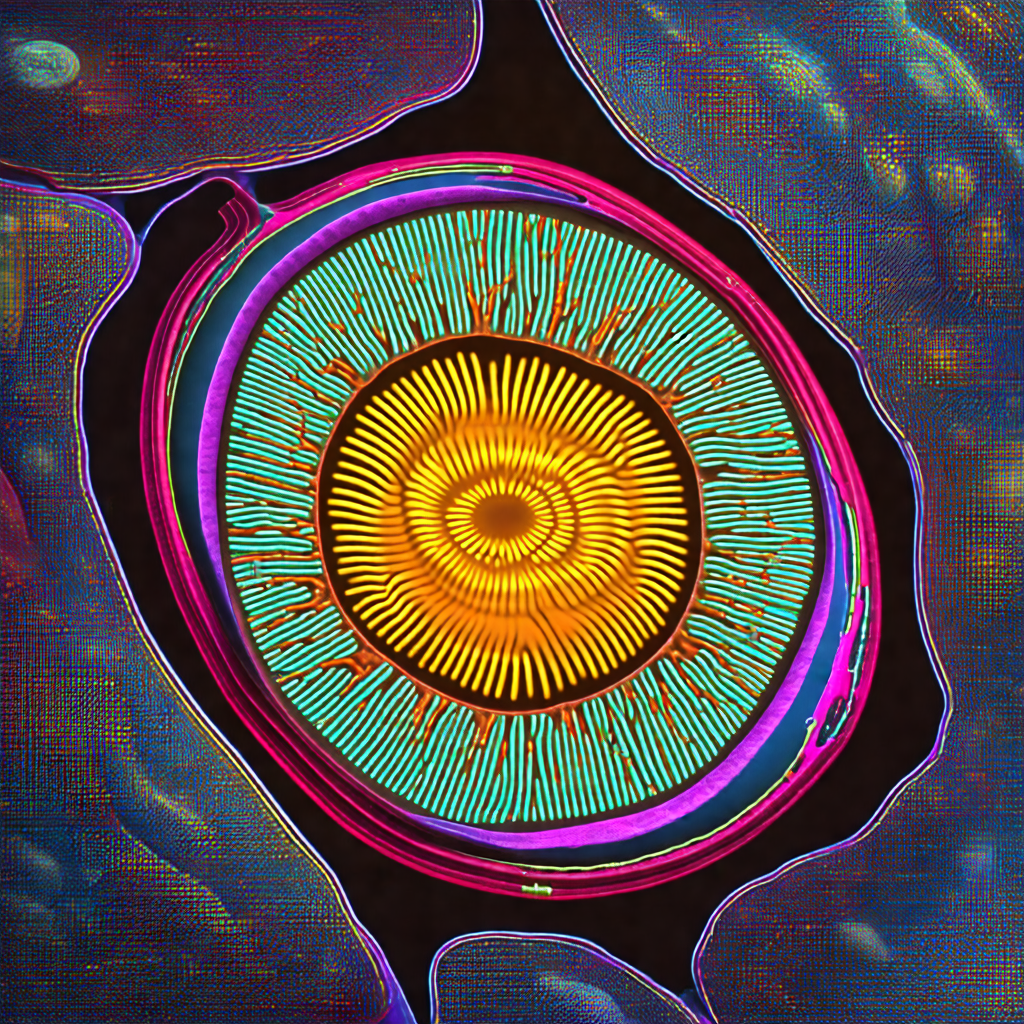 Large, colorful, and vibrant eye, which appears to be a p...