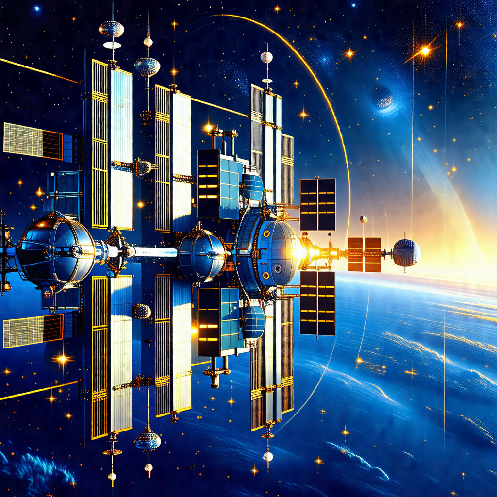 Large space station with a blue and gold color scheme