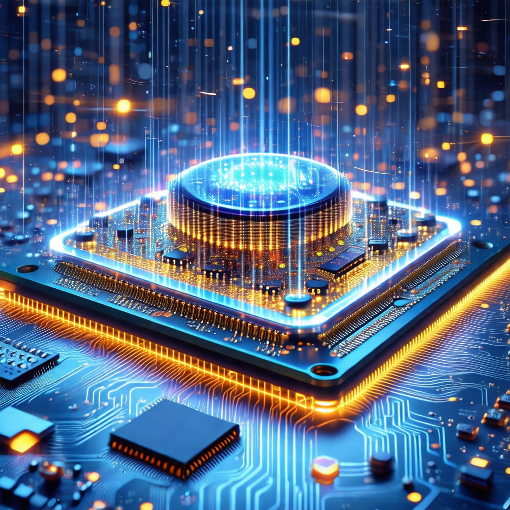 Close-up of a computer chip with a blue light shining on it