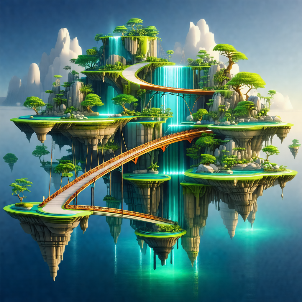 3d digital artwork of a fantasy island with a bridge conn...