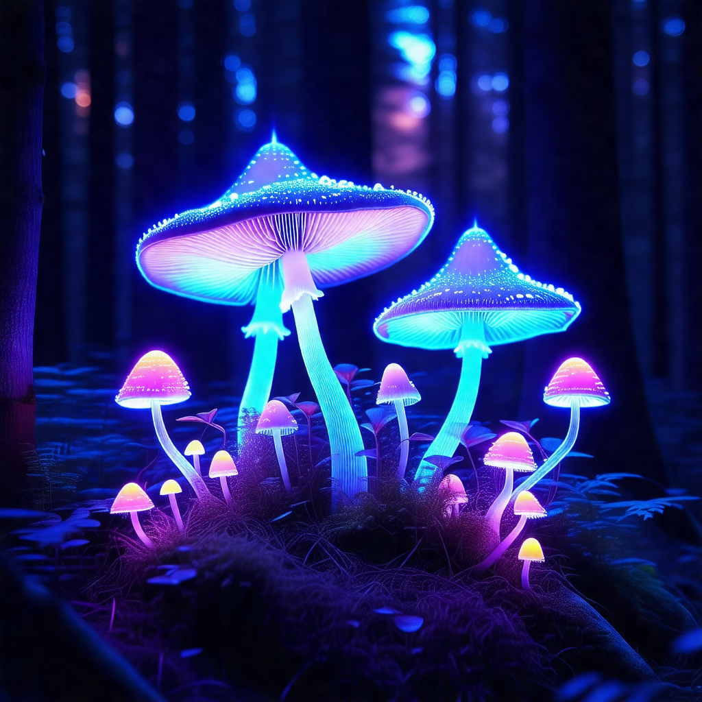 Group of four glowing mushrooms in a forest setting