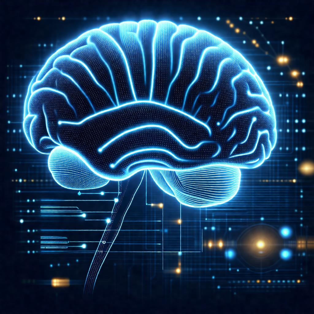 Close-up of a human brain, with a blue glow surrounding it